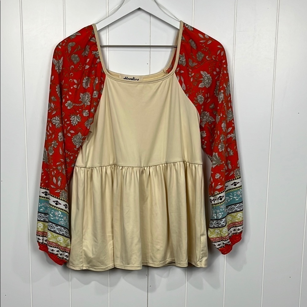 Haptics x Holly Harper Womens Top S-M Beige Orange Floral Balloon Sleeves NWOT